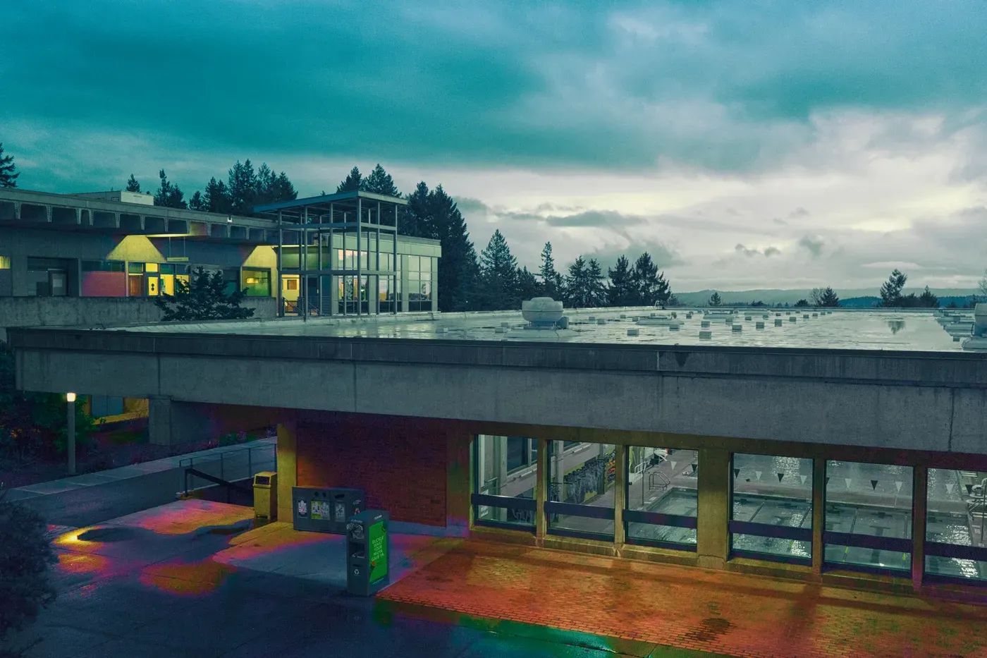 PCC Sylvania Brutalist Pavilion: Exposed Concrete Aggregates & Cedar